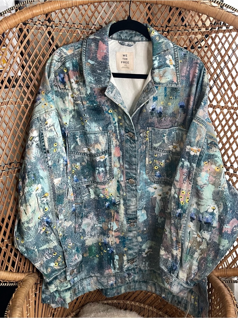 Free People Painted Denim Jacket in Teal, Blue, Pink, Yellow